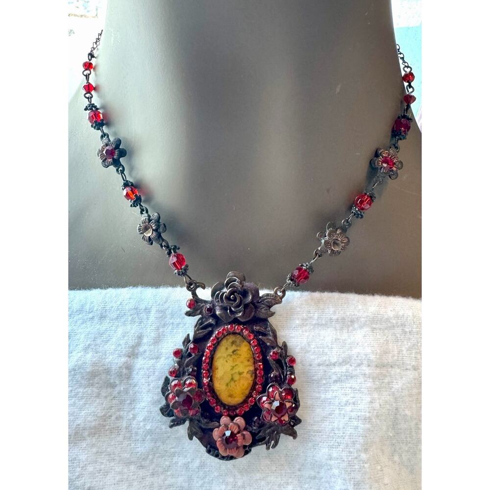 Antique Victorian Painted Glass Floral Necklace Bronze Red Glass Pendant